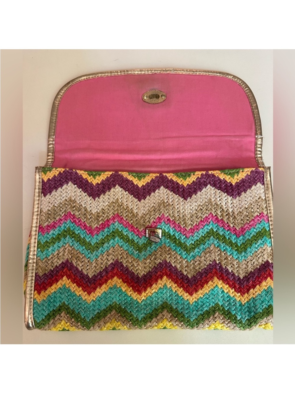 Lilly Pulitzer Multicolor Chevron Woven Clutch with Gold Elephant - Picture 11 of 11
